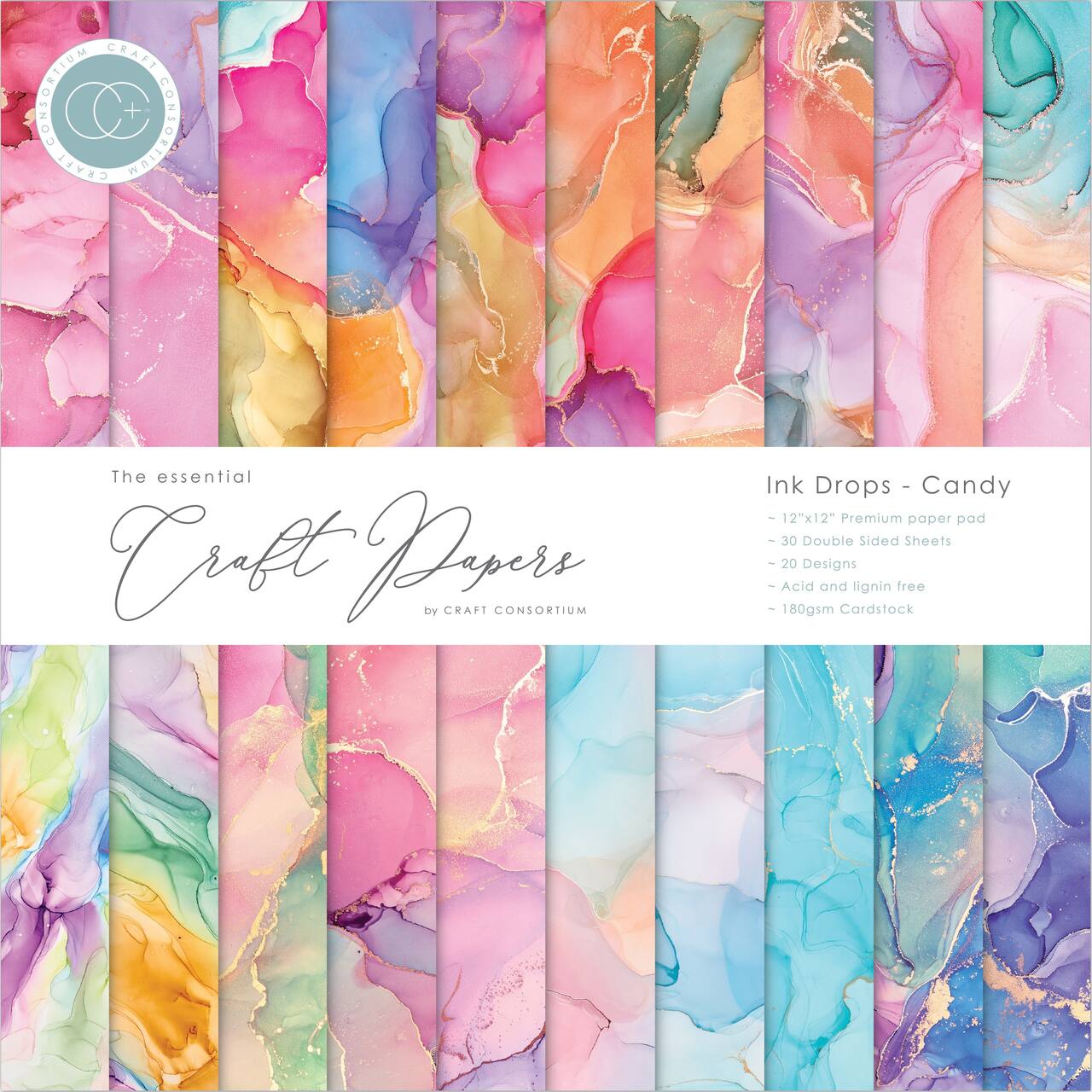 Craft Consortium Ink Drops Candy Double-Sided Paper Pad, 12" x 12"